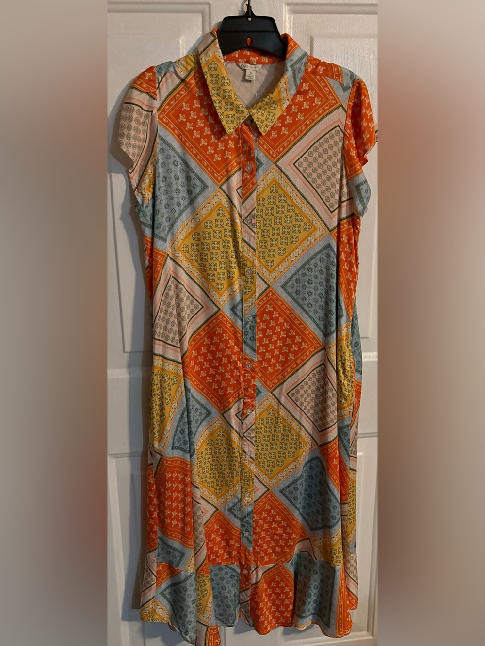 NWT Cato Multicolor Patchwork Button-Front Dress — Orange, Yellow, Green, Blue - Picture 5 of 10